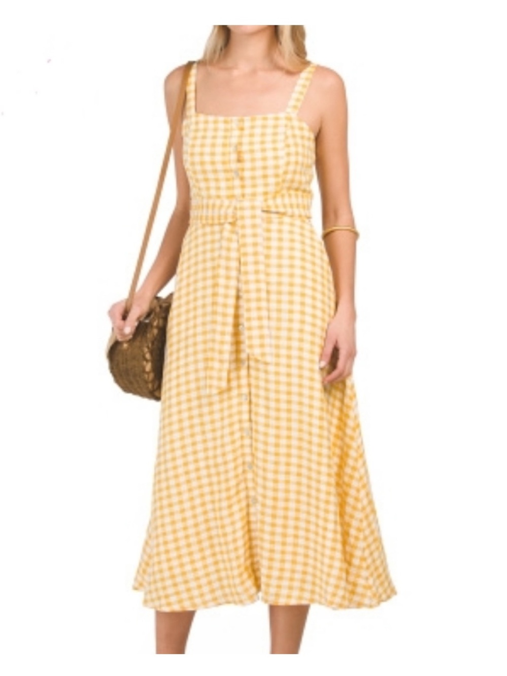 Cynthia Rowley Linen Yellow White Farmhouse Check Dress Pockets